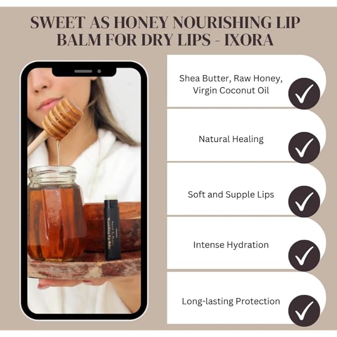 IXORA ORGANIC SWEET AS HONEY NOURISHING LIP BALM: SOOTHES AND HYDRATES WITH SHEA BUTTER & RAW HONEY - GMO FREE, VEGAN FRIENDLY - UV PROTECTION - LONG-LASTING HYDRATION - CERTIFIED ORGANIC - Image 4